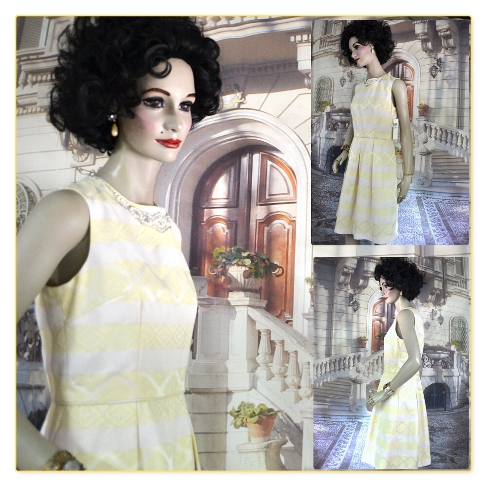 Maggy London Dress Sz 8 Yellow White Brocade Pearl Rhinestone Neck New with Tags